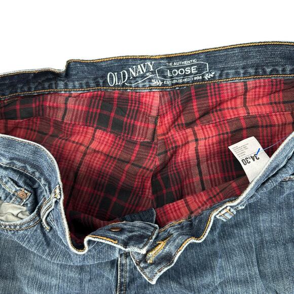 Vintage Old Navy Men's Loose Fit Blue Jeans Denim Red Plaid Lined 34x30 - Picture 4 of 7